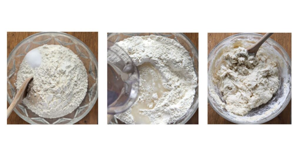 stages of mixing bread dough, flour, salt, instant yeast, water