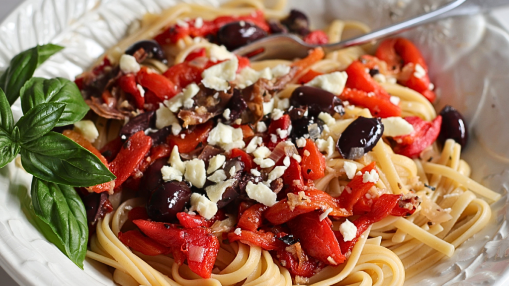 Greek pasta dish with kalamata olives, red peppers, feta