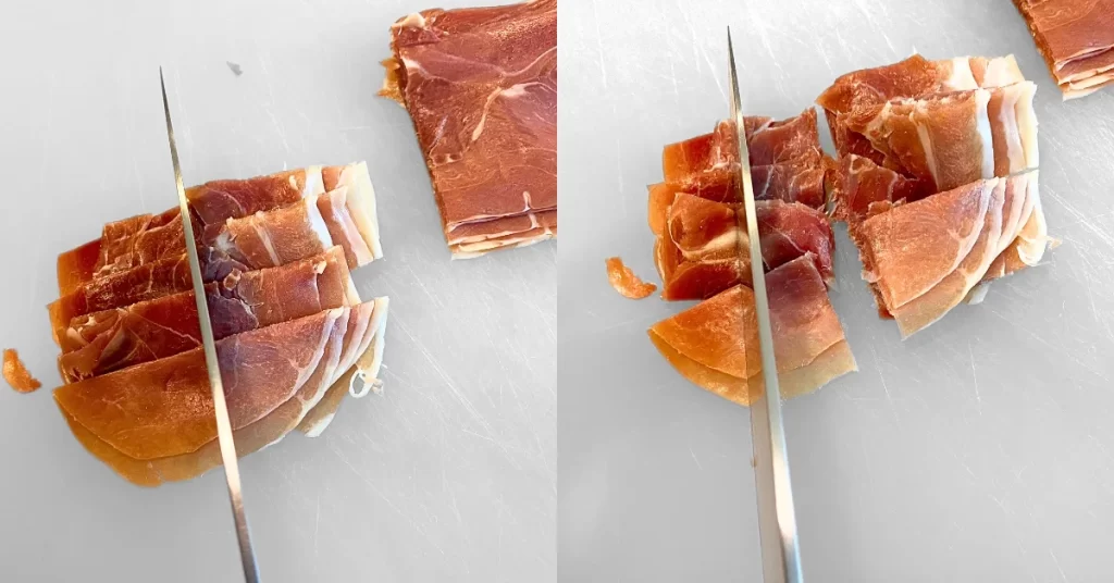 Chef knife cutting prosciutto