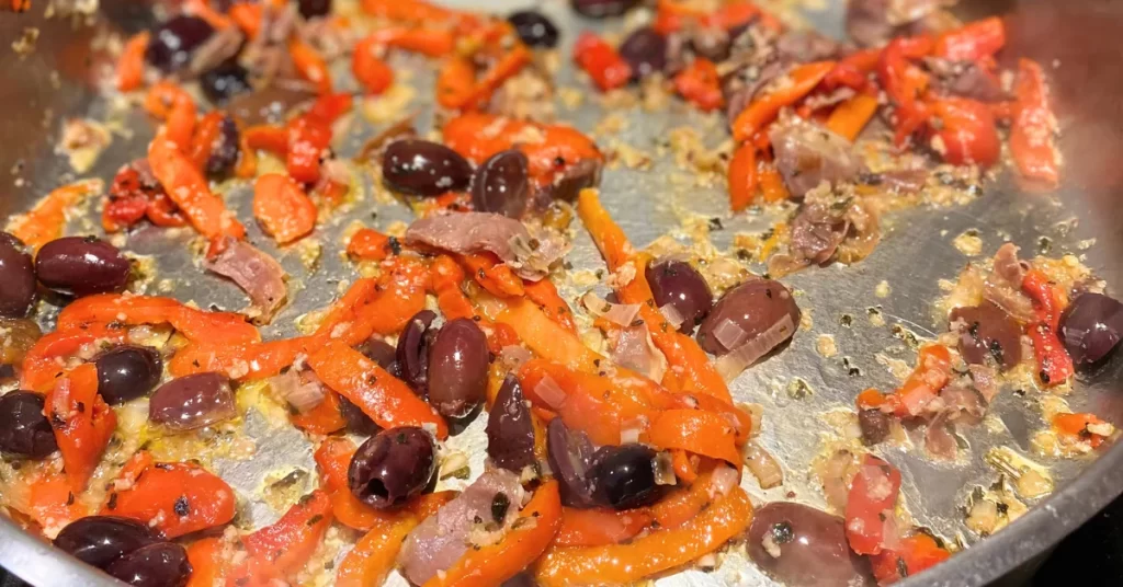 Sauteed peppers, olives, shallot