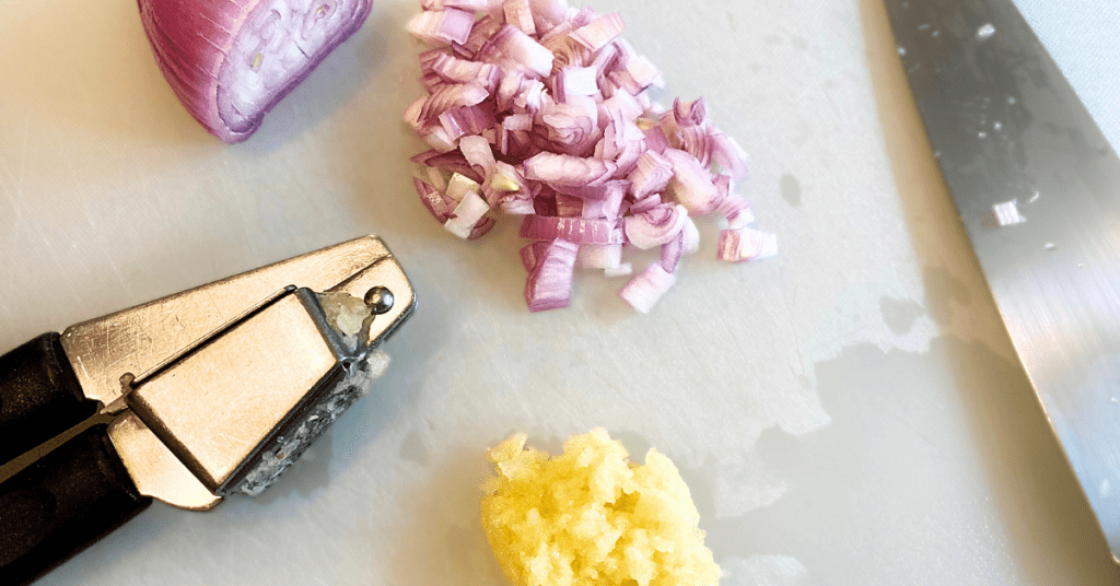 diced shallot, garlic press, garlic put through garlic press, chef's knife