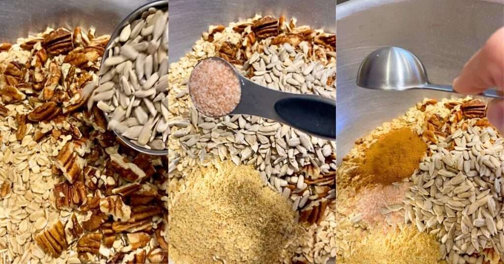 three photos of mixing ingredients together