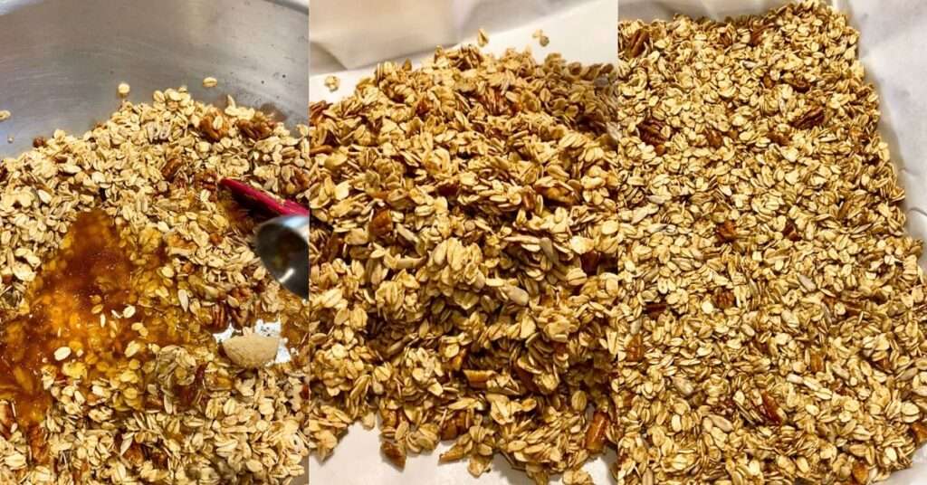 mixing granola well and dumping out into sheet pan lined with parchment paper