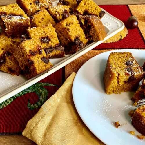 pumpkin bread cut in squares on a platter