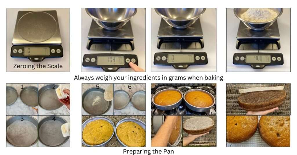 cooking scale and prepping baking pan with parchment rounds and butter and flour