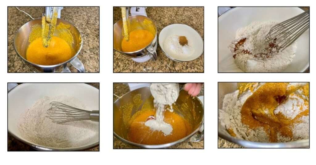 mixing spices and flour folding mixture into wet ingredients