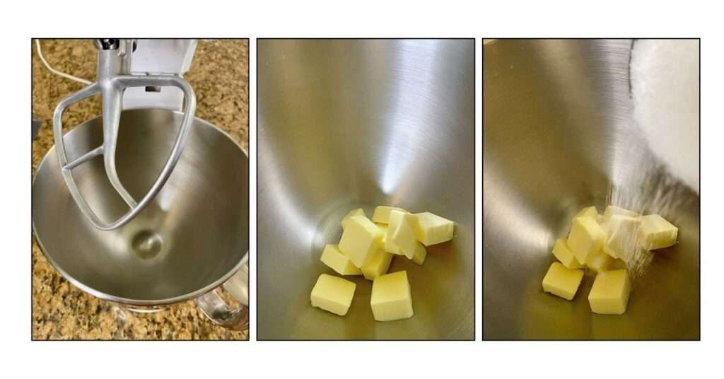 mixer work bowl with butter and sugar being dumped in