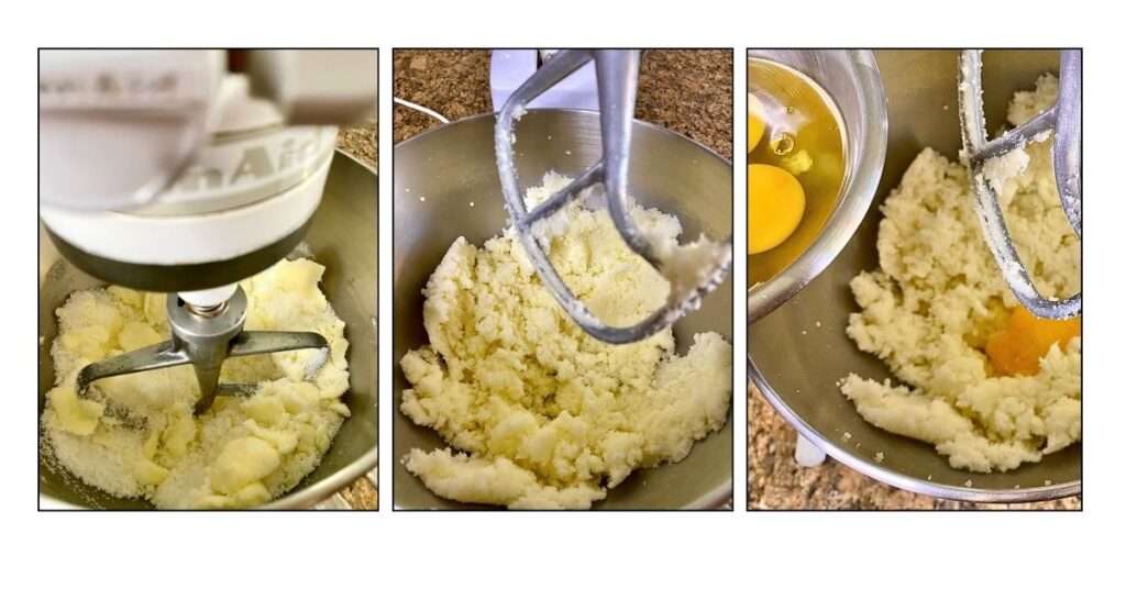 mixer blending butter and sugar with eggs