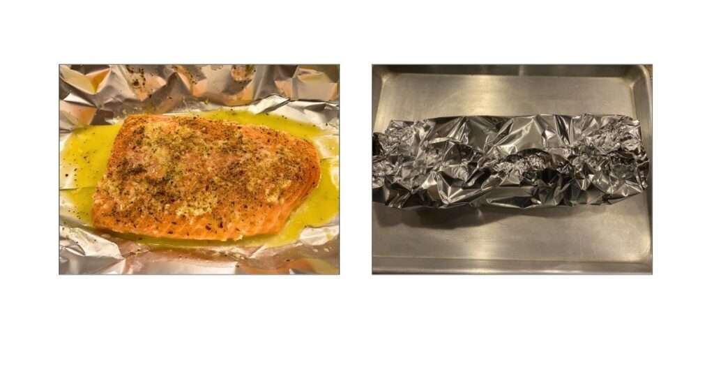 prepping salmon with garlic and herbs on top of salmon, salmon wrapped in foil