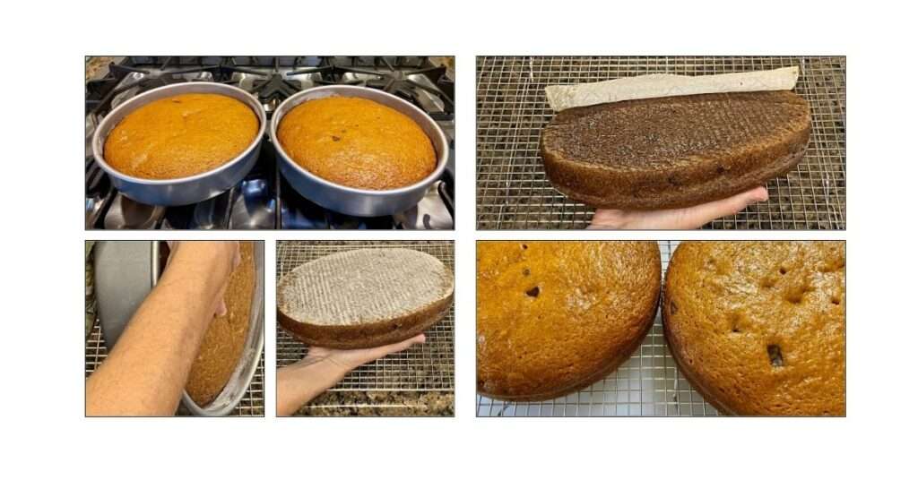 finished bread in pans on cooktop, turning bread out onto cooling rack, peeling off parchment paper, finished bread on wire rack cooling