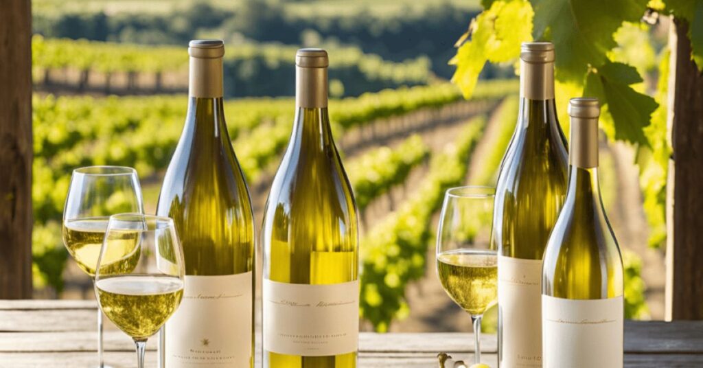 wine bottles overlooking vineyard