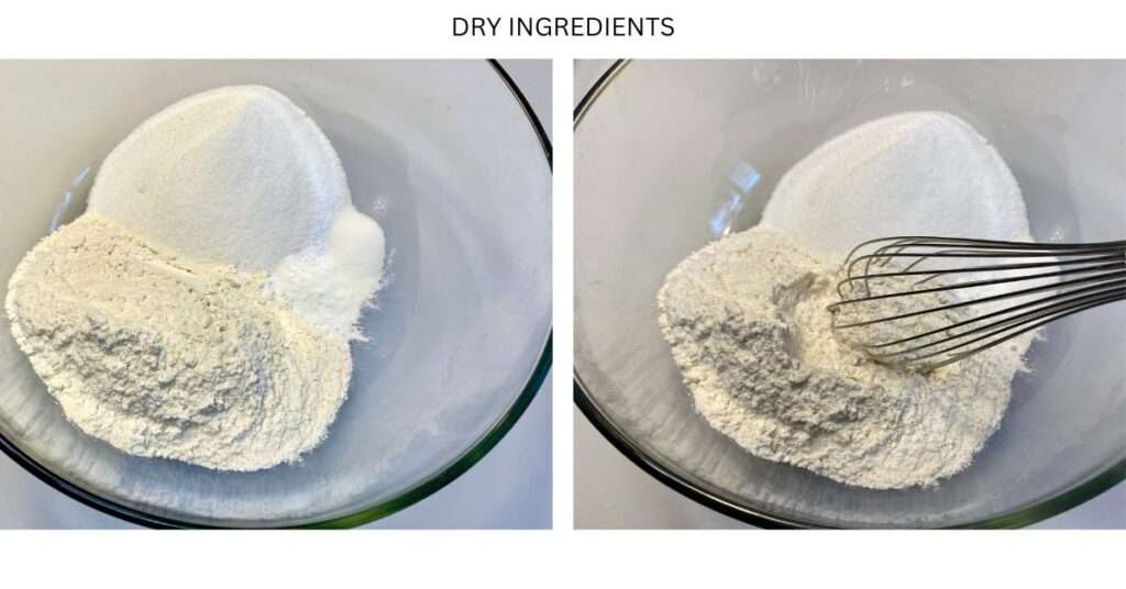 dry ingredients in a glass bowl - flour, sugar, baking soda, baking flour and salt, mixed with a whisk