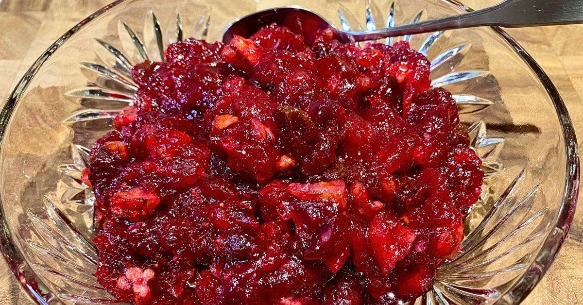 finished cranberry sauce in decorative dish with serving spoon