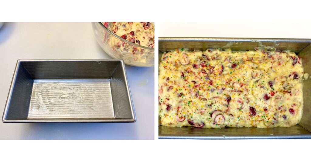 cranberry nut bread recipe - greased loaf pan, and cranberry nut bread batter in pan with red and green sparkling sugars on top