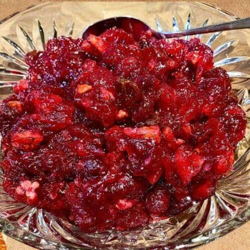 cranberry sauce in decorative dish with serving spoon